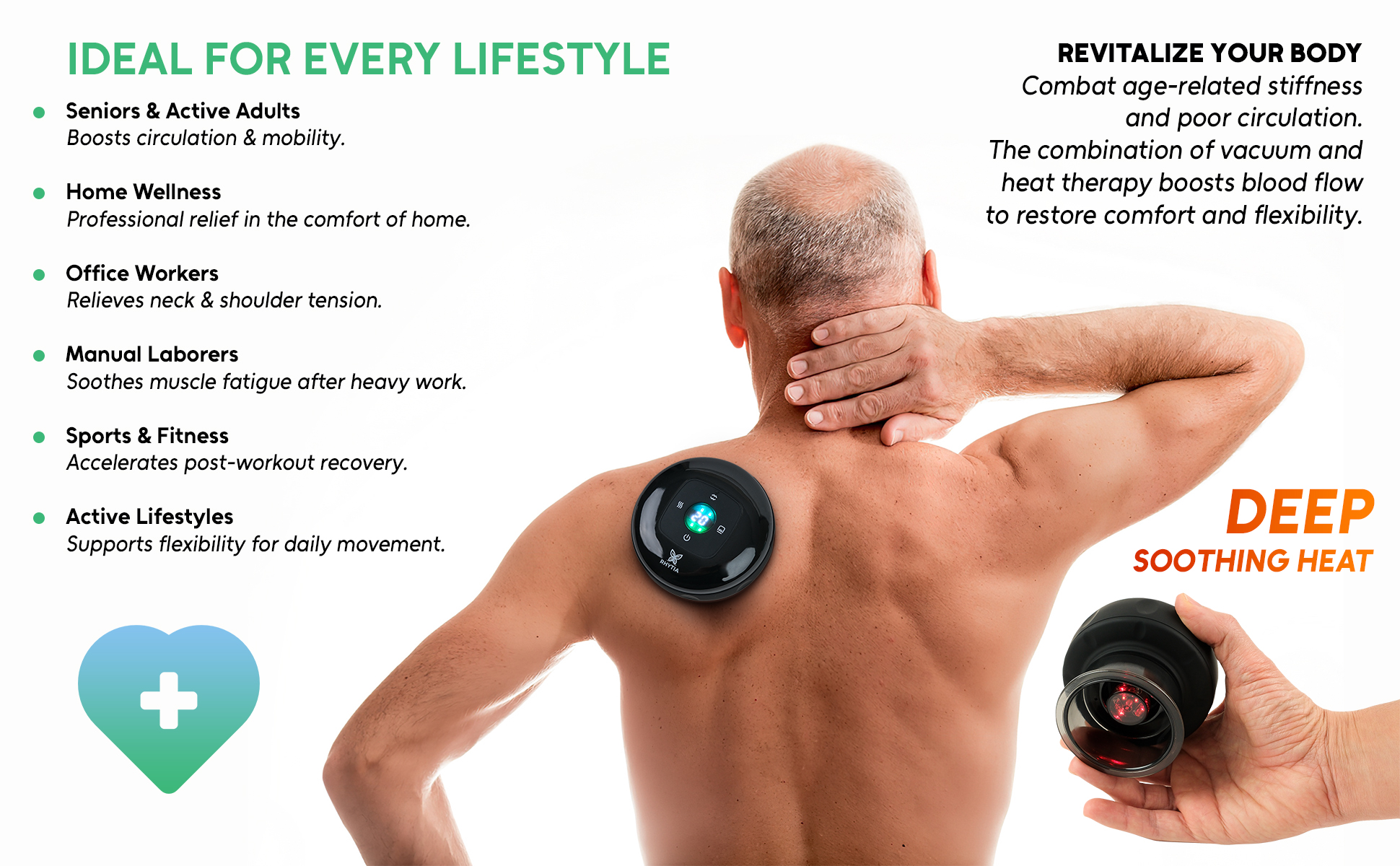 RHYTIA massager used by seniors and active adults